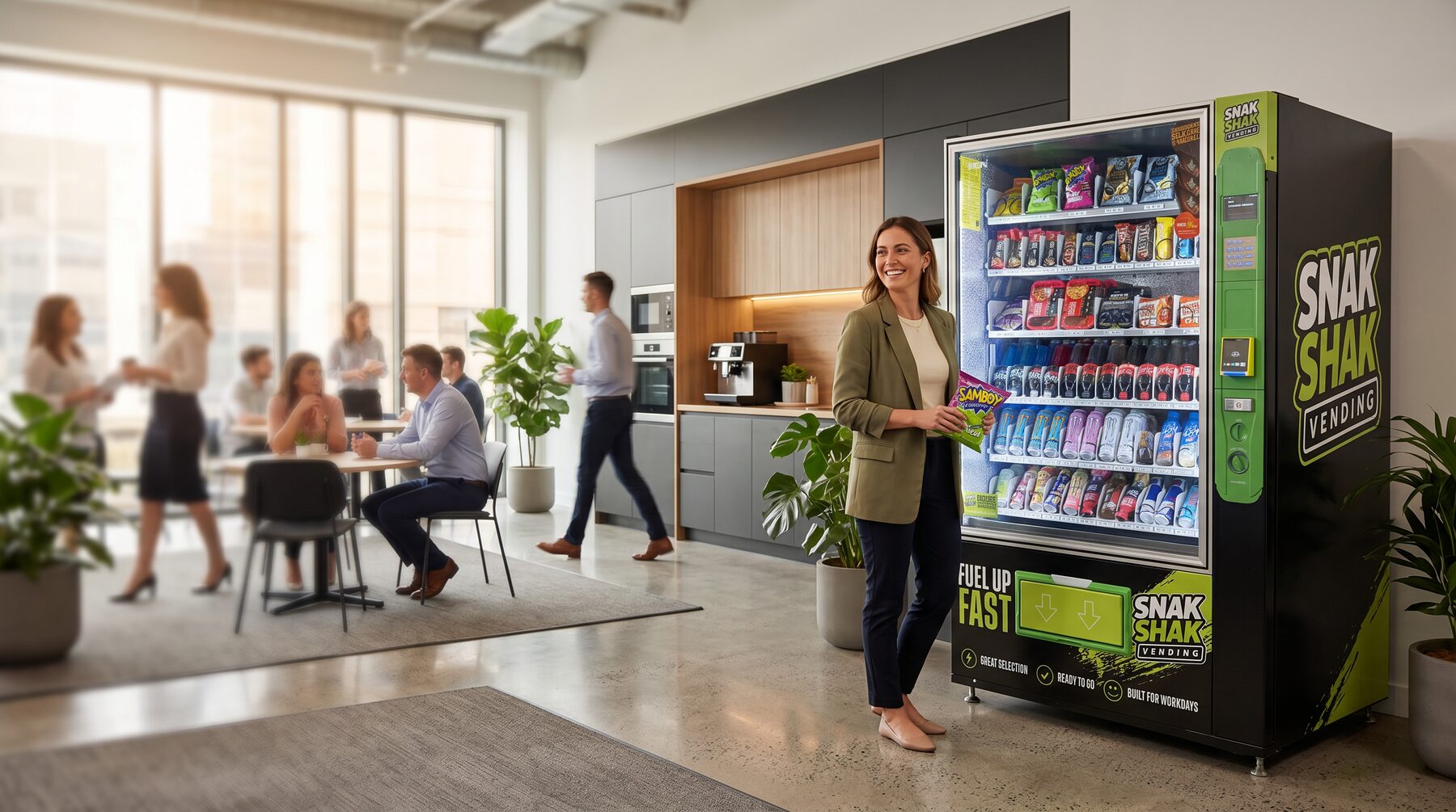 Snak Shak vending machine in a modern workplace break room